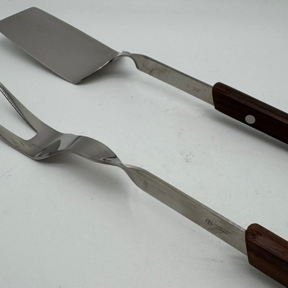 Vintage A.S. Stainless Japan BBQ Tool Set Long Wood Handle Spatula Fork 1960s